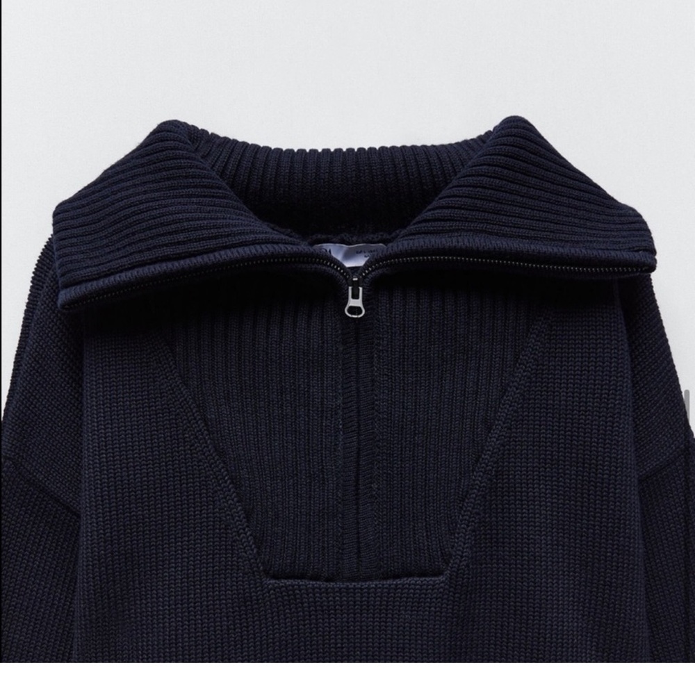 Zara Navy Zip-Front Ribbed Sweater - Picture 6 of 7